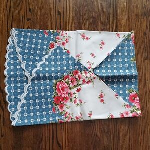 Vintage Floral Tablecloth Linen - Blue & White with Pink Roses